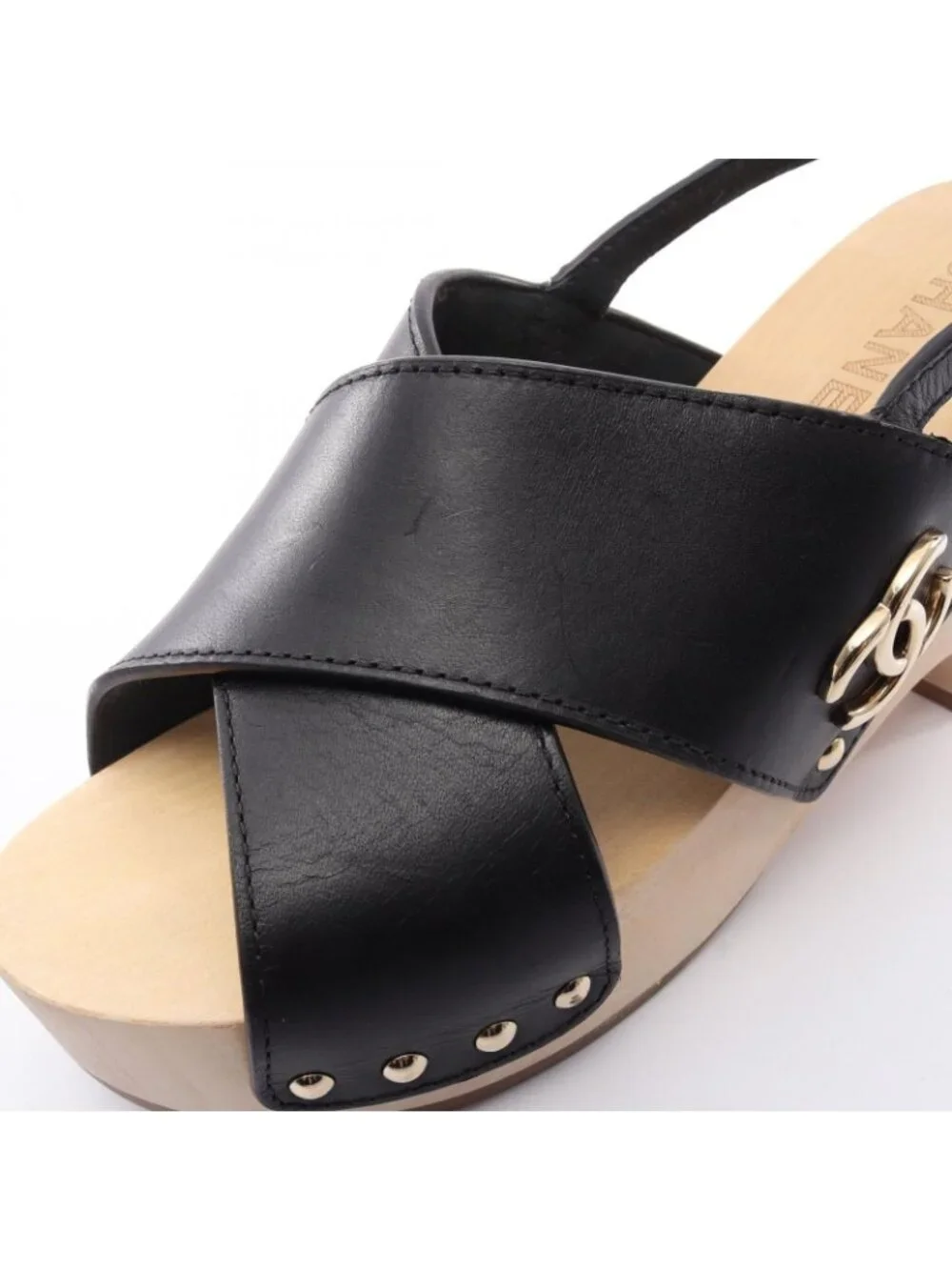 Chanel Sandals CC Logo Clover Wood Wedge Sole Leather